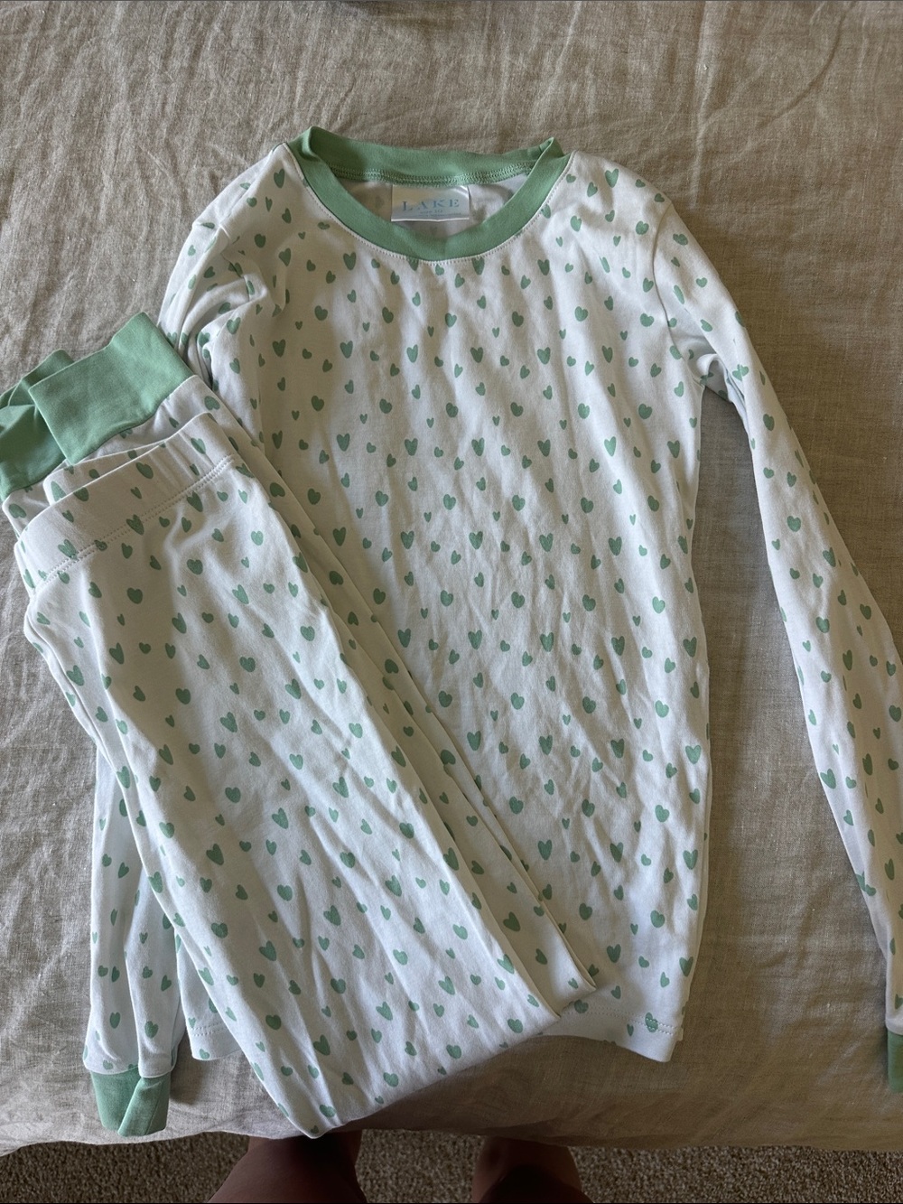 White Kids Pajama Set with Mint Green Heart Print